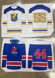 Blue, red, and white hockey jersey mockup below a white, blue, and gold hockey jersey mockup.